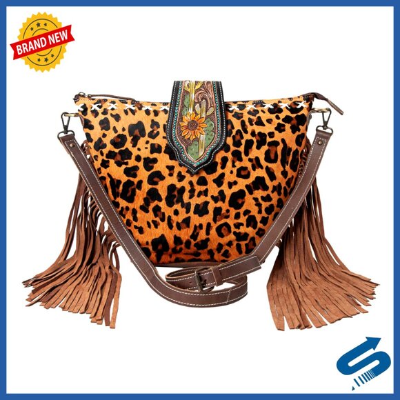 Hand Carved Cowhide Leather Crossbody Bag with Zipper Closure